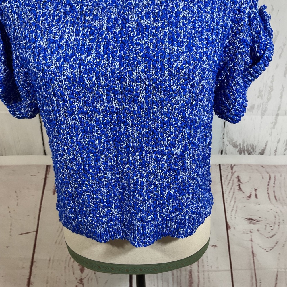 Milly New York Sweater Top S Blue Textured Popcorn Knit Button Tab Short Sleeve - Picture 3 of 15